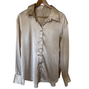 DAILY DR!LLS Satin Button Down Shirt Womens M L Beige Silk Blend Long Sleeve